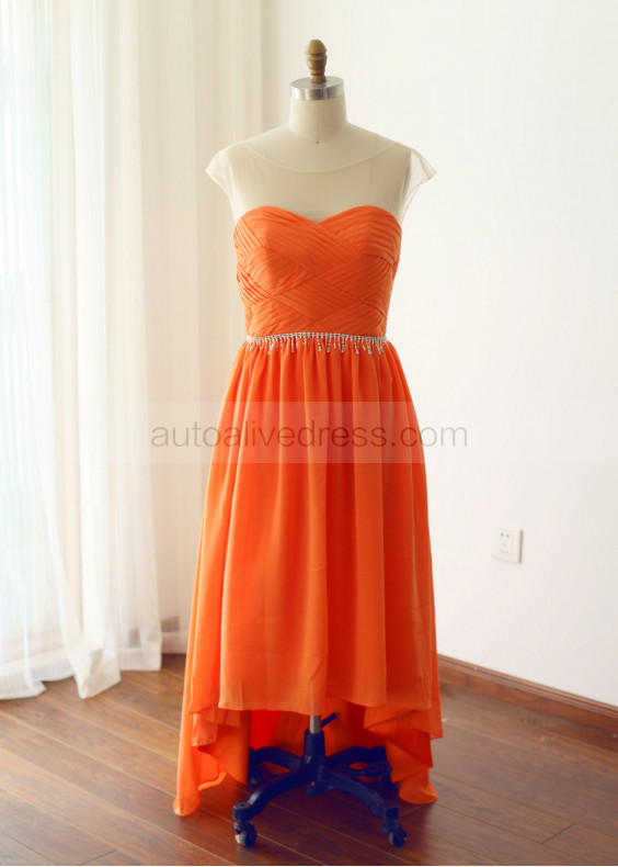 Sheer Neckline Coral Chiffon Hi Low Bridesmaid Dress